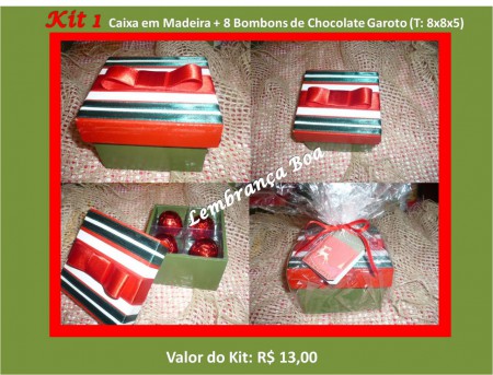 Kit 1 - Caixa em Madeira + 8 Bombons de Chocolate Garoto (T: 8x8x5) - R$ 13,00